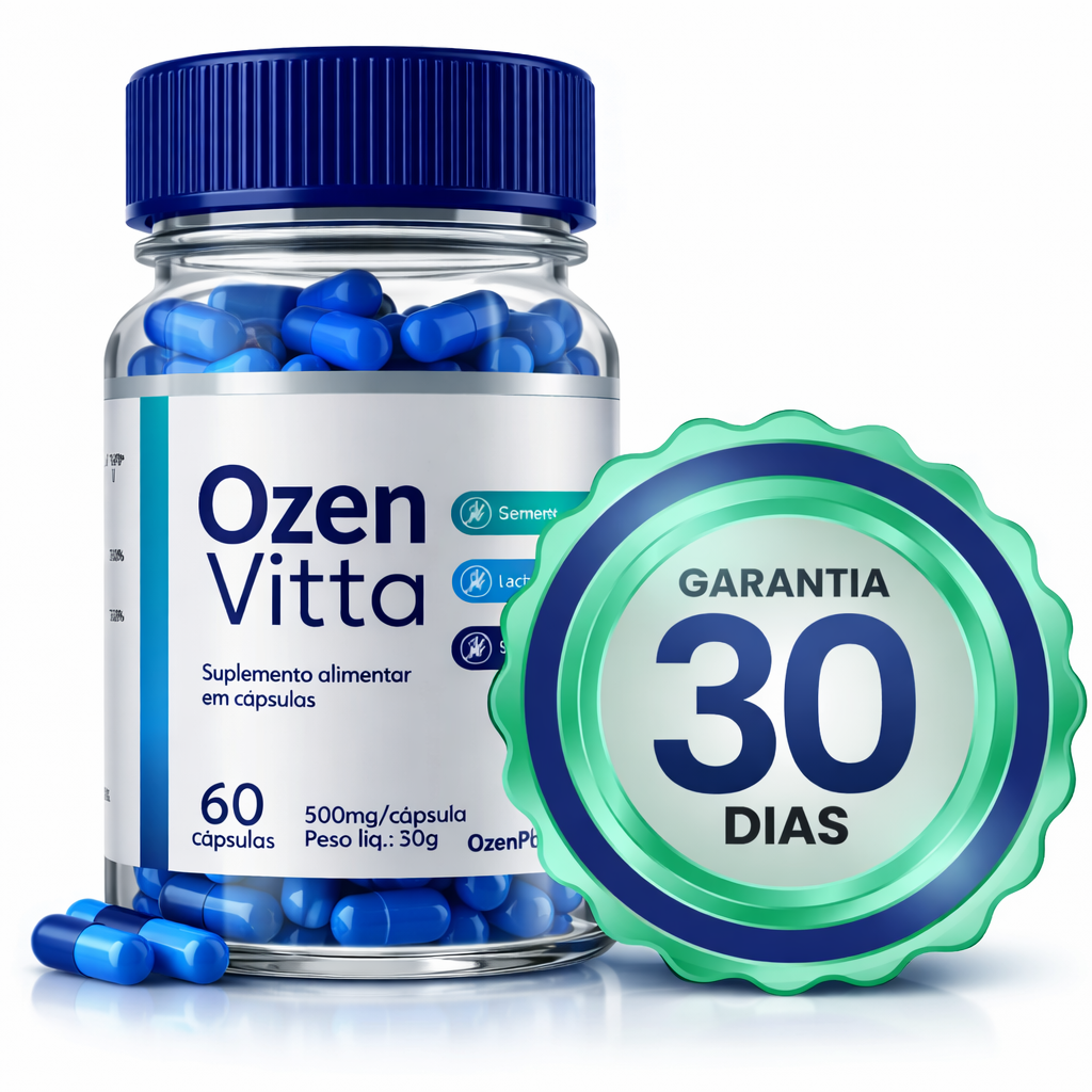 Frasco de Ozen Vitta ao lado de selo visual de garantia de 30 dias