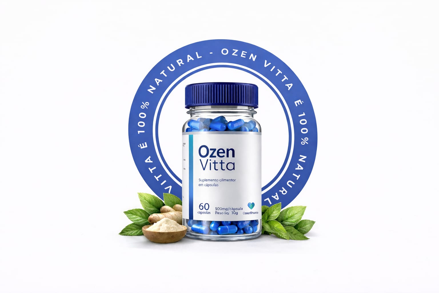 Composicao visual com tres frascos de Ozen Vitta e ingredientes ao redor